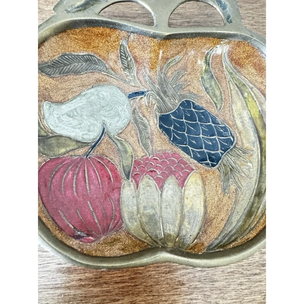 Vintage Solid Brass Enameled Fruits Apple Shape Trinket Tray Small